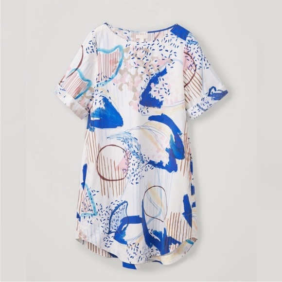 COS Poplin Knee Length 3/4 Sleeves Cotton A-Line Abstract Print Multi Dress 12 - Picture 2 of 10